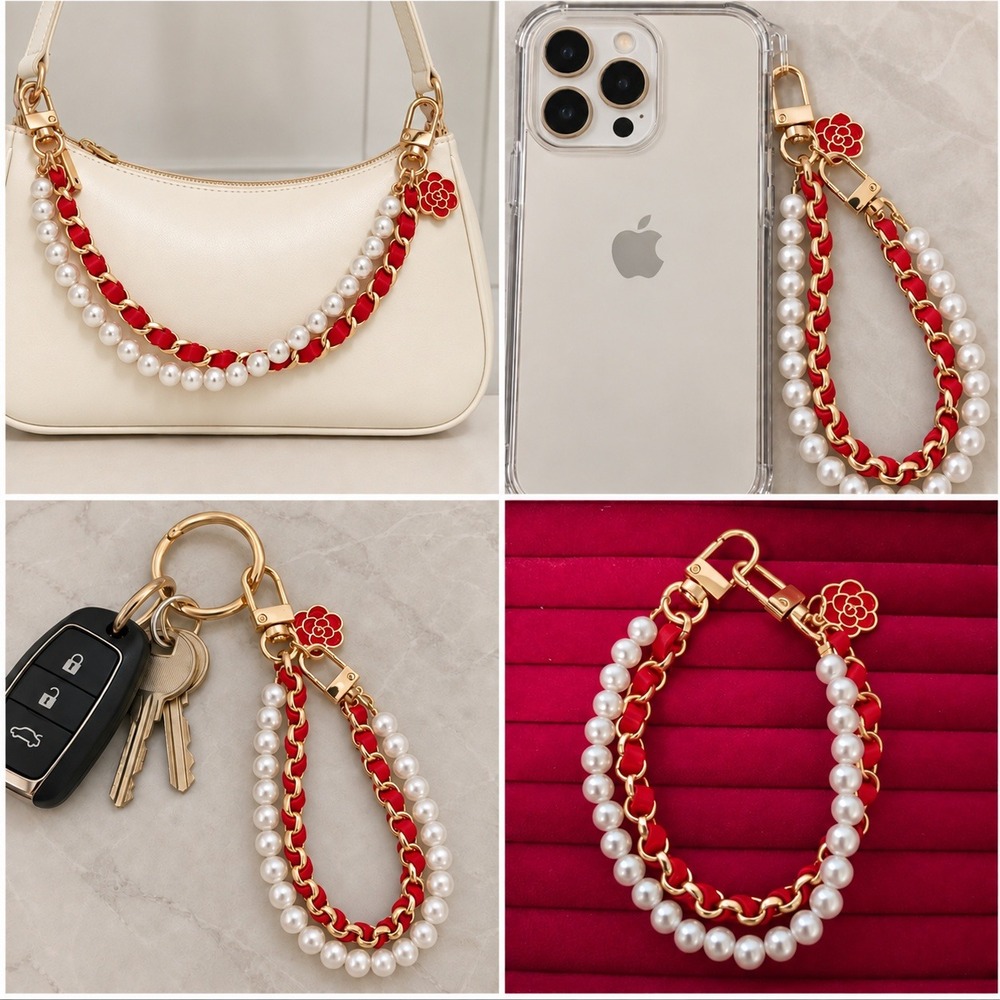Red Camellia Pearl Bag Charm Phone Strap Keychain Gold Tone 10 Inch Accessory
